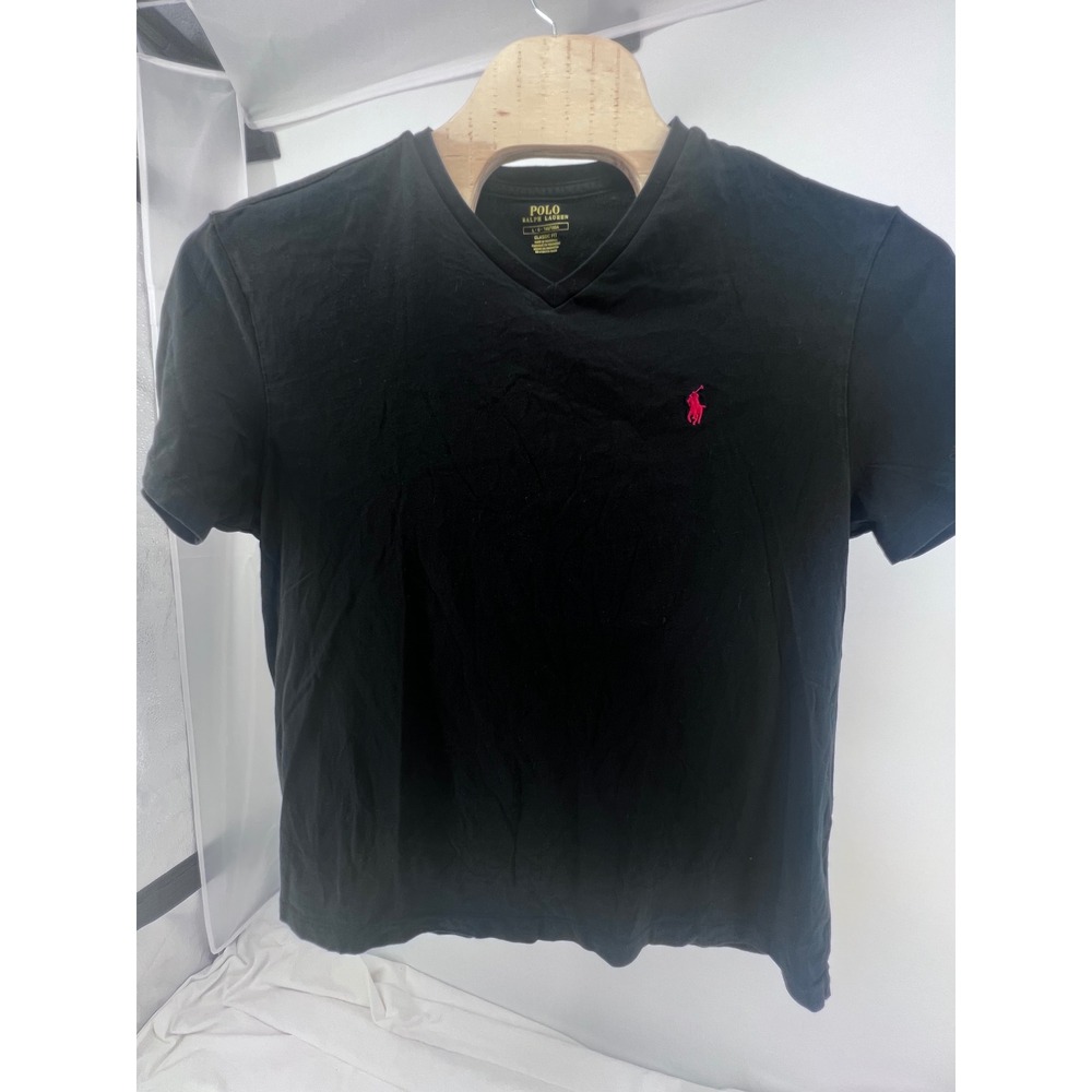 Polo Ralph Lauren Mens Classic Fit V-Neck T-Shirt Black Red Pony Logo Large
